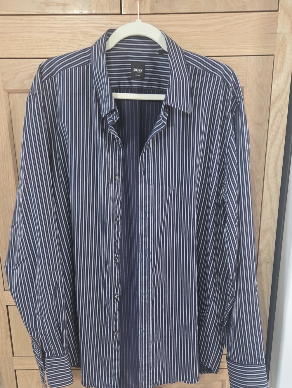 BOSS Navy Blue and White Vertical Stripe Dress Shirt